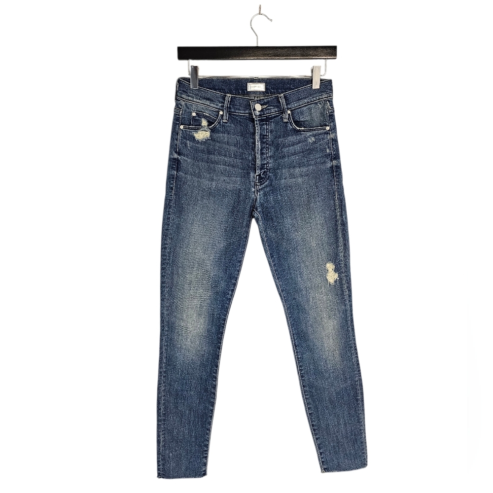 MOTHER The Stunner Ankle Fray High Rise Skinny Blue Distressed Jeans 26 Preowned